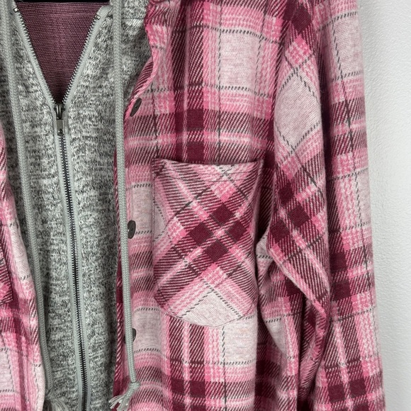 No Boundaries Pink & Gray Plaid Hooded Button & Zip Flannel Shirt Size Large - Picture 10 of 15